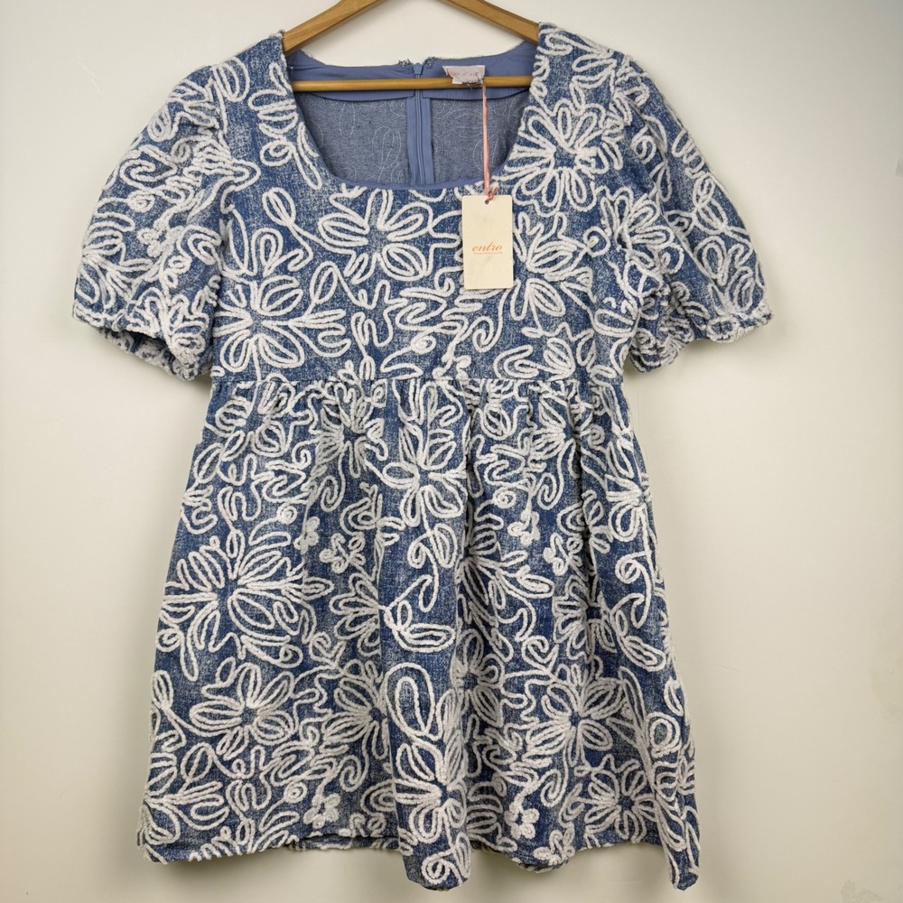 Entro Floral Denim Embroidered Dress Blue White Square Neck Puff Sleeve Large